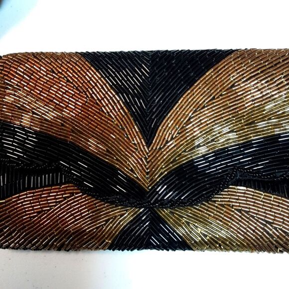VINTAGE Clutch Art Deco Jet Hand-Beaded Copper Gold Handbag Lined 9"x5" - Picture 7 of 13